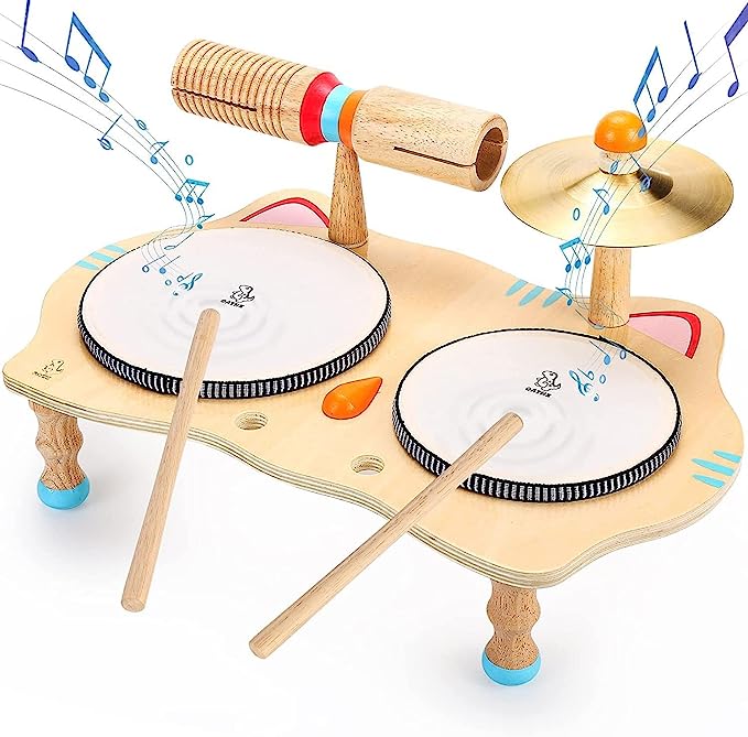 oathx Wooden Musical Toy Toddler Drum Set Kids Musical Instruments 6 in 1 Baby Toys Music Percussion Instruments Age 3-5 Boys and Girls Birthday Gifts Present Learning Toys for Children 6 7 Years Old